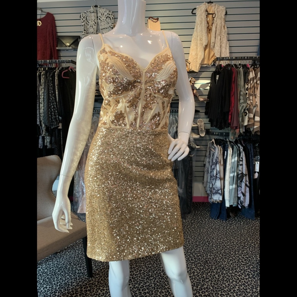 Gold sequin Alyce Paris dress